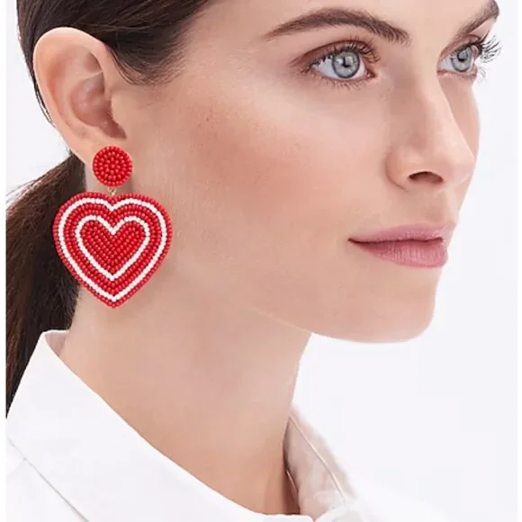 NWT Beaded Red & White Heart Statement Earrings - Picture 2 of 6